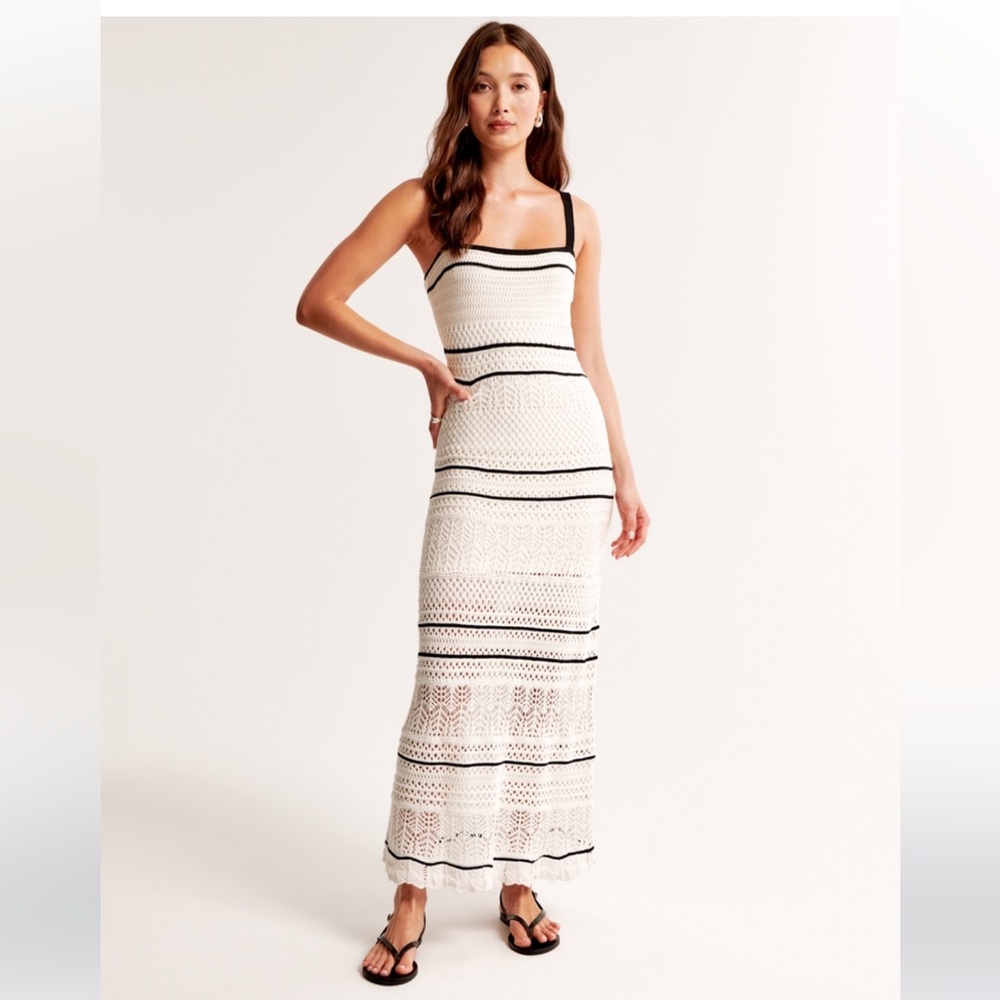 White and Black Striped crochet style Maxi Dress